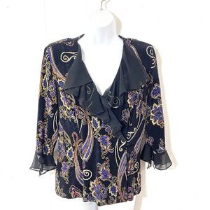 ALEX EVENINGS Sparkle Metallic L Cocktail Jacket PAISLEY Floral CHIFFON COLLAR